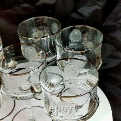 Vtg Barware MCM Set of 6 Wine Glasses Silver Rim Etched Silver Leaf Etched Rose