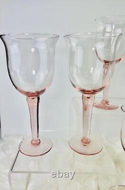 Vtg Hand Blown Pink Rose Glass Water Wine Goblets Glasses LARGE Set Of 6 HTF 9.5