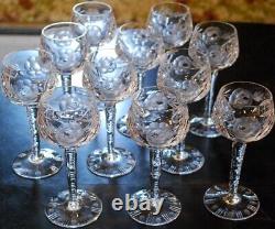 Vtg Set 11 HOCK WINE GLASSES Hand Cut Crystal ROSE & ARCH Cut Stem & Foot SUPERB