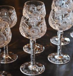 Vtg Set 11 HOCK WINE GLASSES Hand Cut Crystal ROSE & ARCH Cut Stem & Foot SUPERB