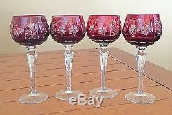 Vtg Set of 4 Bohemian Czech Cut-to-Clear Crystal Wine Goblet Cranberry Red 8
