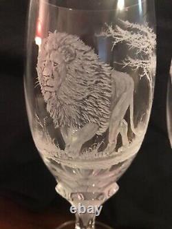 WARD CHEBBS set 6 Crystal HAND ENGRAVED Wine glasses LION ZEBRA Elephant giraffe