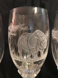 WARD CHEBBS set 6 Crystal HAND ENGRAVED Wine glasses LION ZEBRA Elephant giraffe