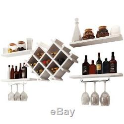 Wall Mount Wine Bottle Rack 5 Pieces Set Wooden Glass Holder Hanging Home Decor