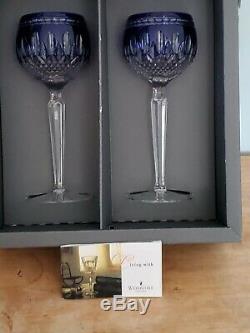 Waterford Crystal Clarendon Cobalt Blue Hock Wine Glass Goblet, signed set of 2