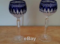 Waterford Crystal Clarendon Cobalt Blue Hock Wine Glass Goblet, signed set of 2