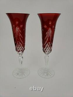 Waterford Set 2 Happy Holidays Ruby Red Cut Crystal Champagne Flutes Cased Box