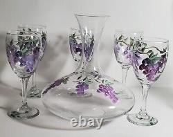 Wine Decanter And Wine Glasses Set With Hand Painted Grapes