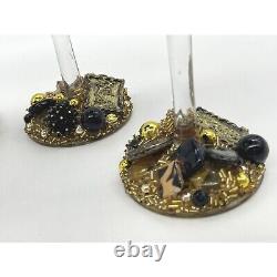 Wine Glasses Bling Embellished Black Amethyst/Gold Stemmed Set of 4 EUC