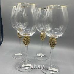 Wine Glasses Gold Trim With Rhinestone Accents Long Stem Set Of 4 Brand New