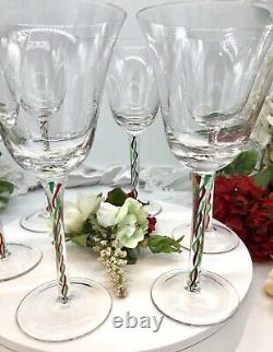 Wine Glasses Holiday Ribbon Hand Crafted Red / Green Swirl Stem Set of 6