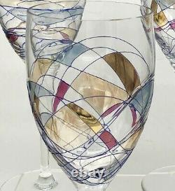 Wine Glasses Sagrada Stained Glass Hand Painted Blue Lines Large 20 Oz set 4
