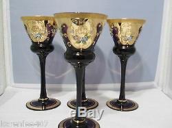 Wine Goblets Czech Stemware Floral Appliqué Set Four Gold Encrusted Deep Purple